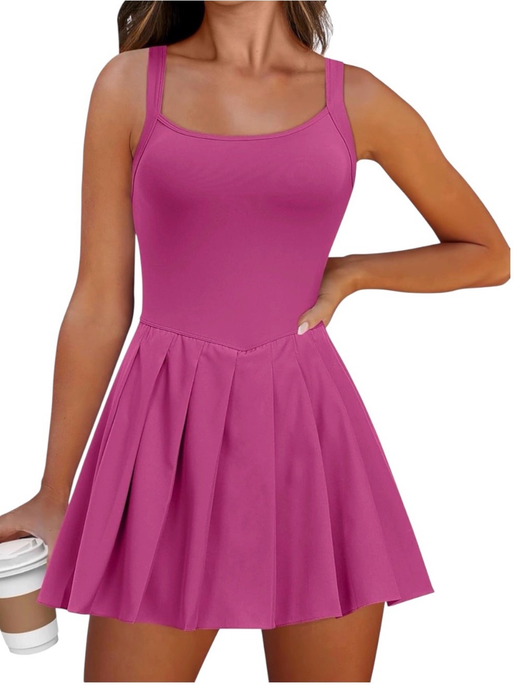 ANRABESS Vibrant Pink Pleated Tennis Athletic Pleated Mini Skort Romper Dress